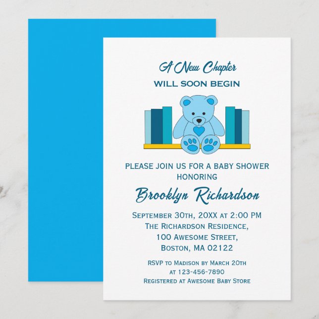 Invitación Blue Teddy Bear New Chapter Storybook Baby Shower (Anverso / Reverso)