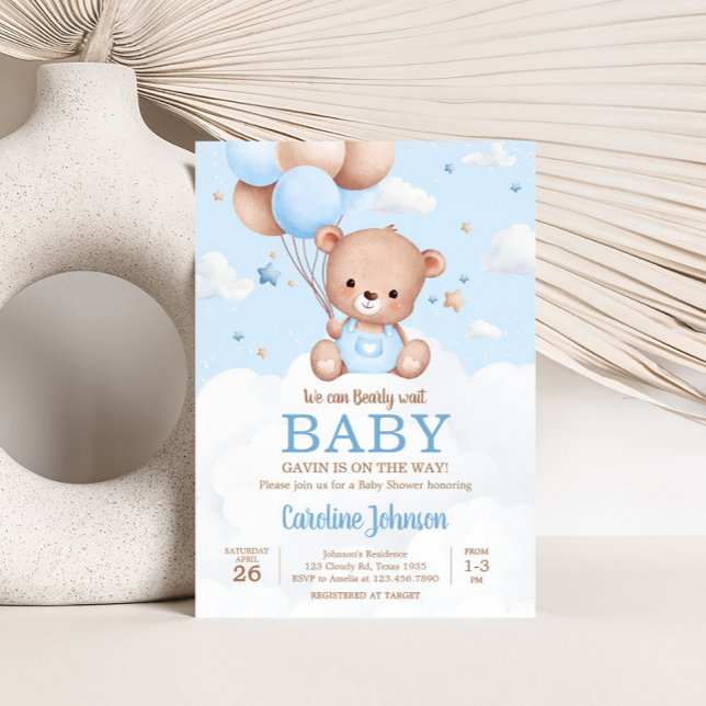 Invitación Blue Teddy Bear Nubes Globo Baby Shower (Blue Boy Teddy Bear Clouds Balloon Baby Shower Invitation)