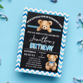 Invitación Blue Teddy Bear Pequeño Cubo Girando Un Cumpleaños