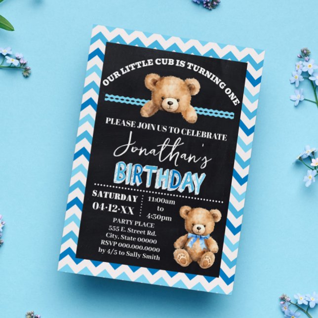 Invitación Blue Teddy Bear Pequeño Cubo Girando Un Cumpleaños (Subido por el creador)