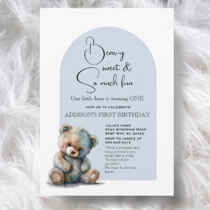 Invitación Blue Teddy Bear Tema Acuarela Primer Cumpleaños