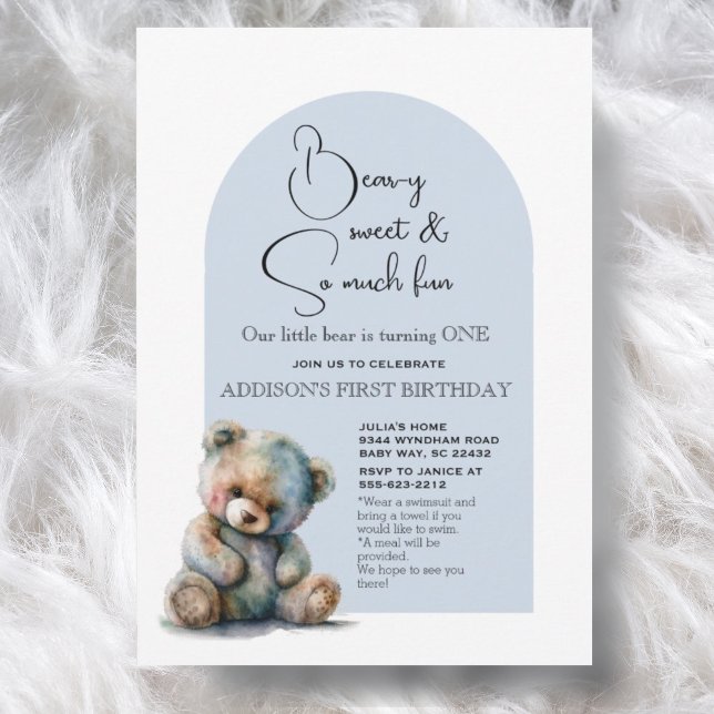 Invitación Blue Teddy Bear Tema Acuarela Primer Cumpleaños (Subido por el creador)