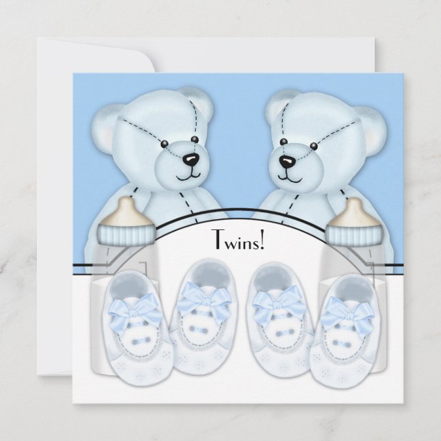 Invitación Blue Teddy Bear Twin Boys Baby Shower (Anverso)