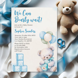 Invitación Blue Teddy Bear "We Can Bearly Wait" Baby Shower