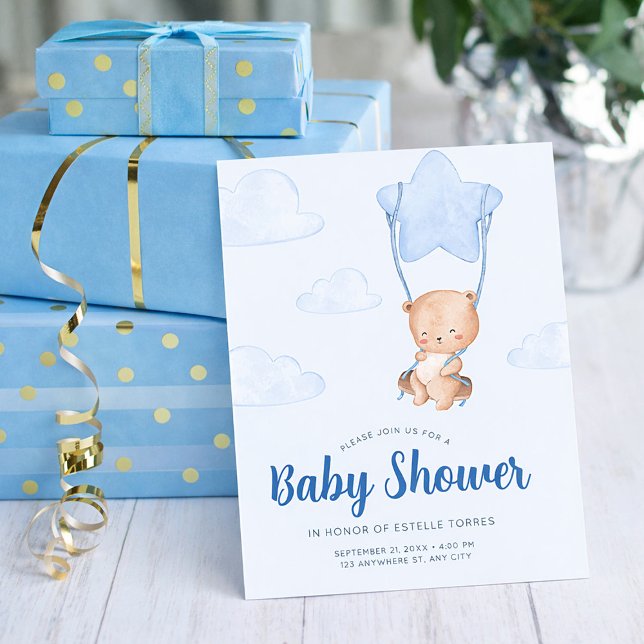 Invitación Blue Teddy Bear with Star Balloon Boy Baby Shower (Blue Teddy Bear with Star Balloon Boy Baby Shower Invitation, Oh Baby Invitation)