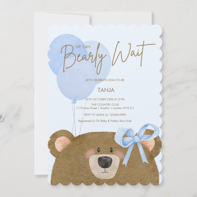 Invitación Blue Teddy Podemos Bailar Esperando A Un Niño Baby (Anverso)