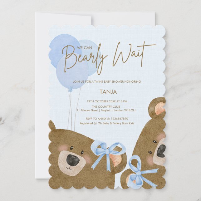 Invitación Blue Teddy Podemos Embarazar Baby Shower Gemelos D (Anverso)