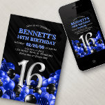 Invitación Blue Teen Boy 16º cumpleaños<br><div class="desc">Bunches y racimos de globos, ¡este diseño no se detiene! Con números audaces y tipografía elegante en un espacio que está literalmente rebosante de globos, este diseño es un arranque instantáneo de fiesta. La combinación de colores azul y negro y la tipografía retro le dan un tono elegante y clásico...</div>