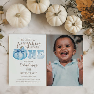 Invitación Blue This Little Pumpkin Photo 1er cumpleaños Fies