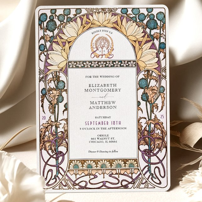 Invitación Blue Thistles Boda Art Nouveau vintage (Subido por el creador)