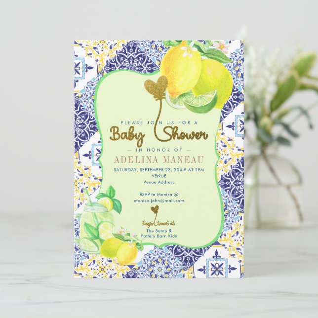 Invitación Blue Tile Azulejo Lemon Italiano Amalfi Baby Showe (Anverso de pie)