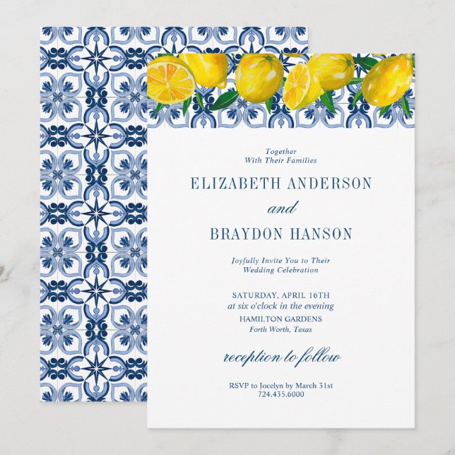 Invitación Blue Tile Boda italiano de limón (Anverso / Reverso)