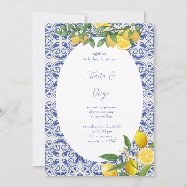 Invitación Blue Tile Boda italiano de limón (Anverso)