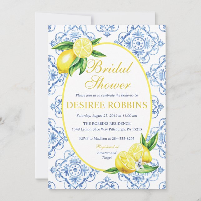 Invitación Blue Tile Italiano Floral Lemon Briower (Anverso)