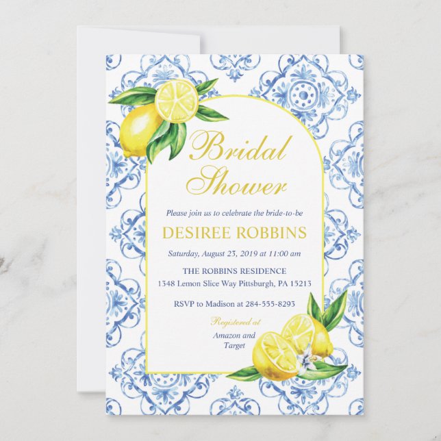 Invitación Blue Tile Italiano Floral Lemon Briower (Anverso)