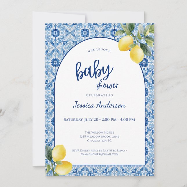 Invitación Blue Tile Lemon Baby Shower Invitation (Anverso)