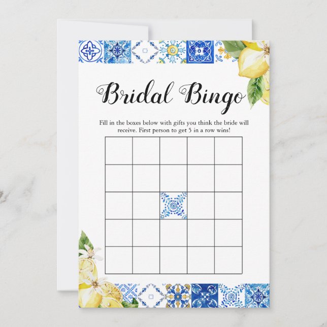 Invitación Blue Tile Lemon Bridal Shower Brigo Bingo (Anverso)