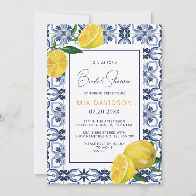 Invitación Blue Tile & Lemon Citrus Ducha de Novias de Verano (Anverso)