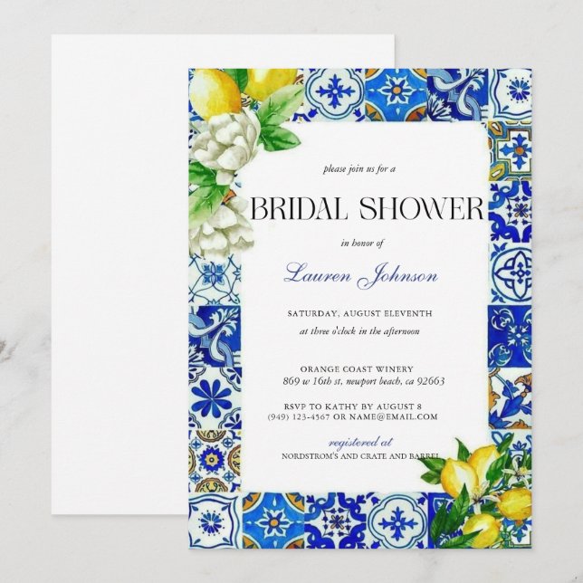 Invitación Blue Tile Lemon ducha de novia italiana (Anverso / Reverso)