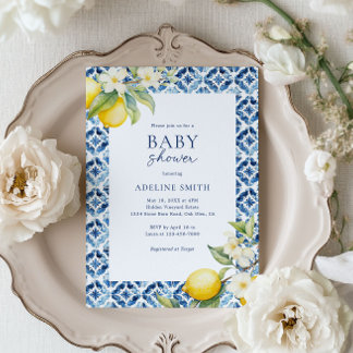 Invitación Blue Tile Lemon Italiano Baby Shower
