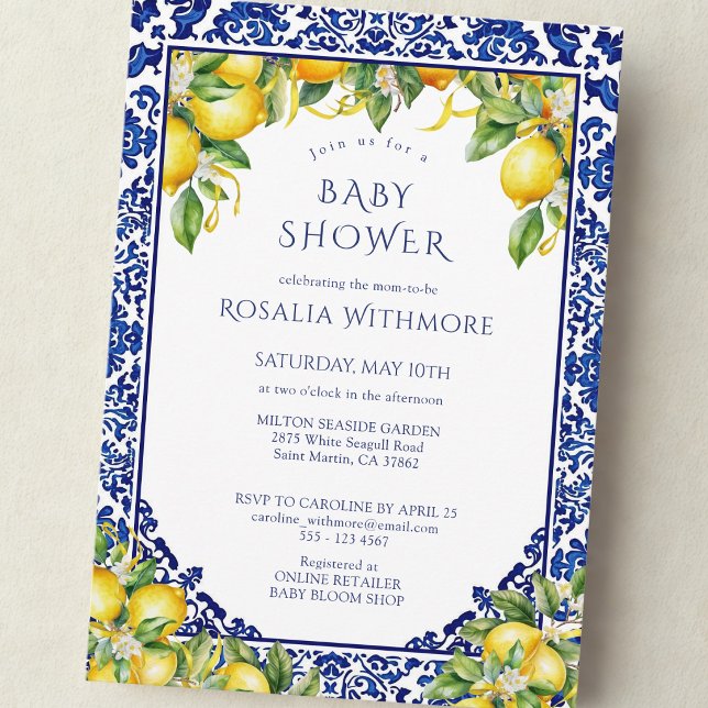 Invitación Blue Tile Lemon Mediterranean Baby Shower (Subido por el creador)