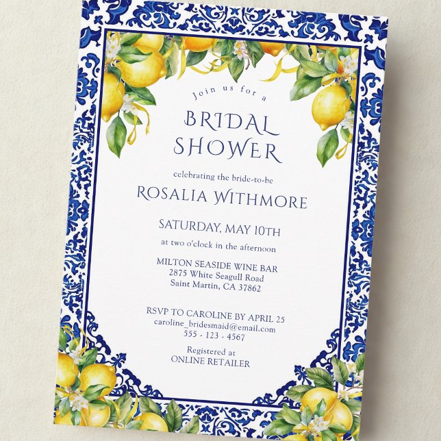 Invitación Blue Tile Lemon Mediterranean Bridal Shower (Subido por el creador)
