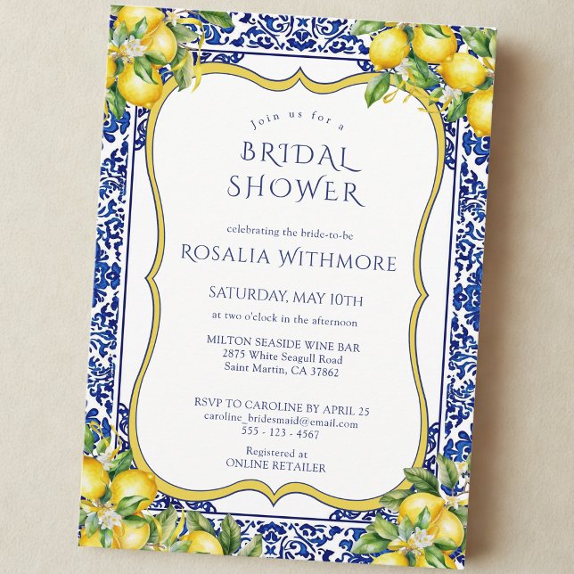 Invitación Blue Tile Lemon Mediterranean Bridal Shower (Subido por el creador)