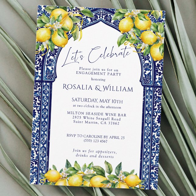 Invitación Blue Tile Lemon Mediterranean Engagement Party (Subido por el creador)