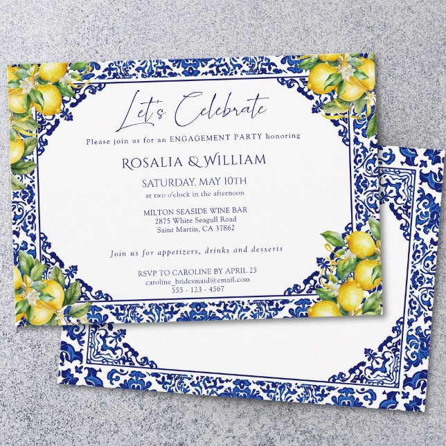 Invitación Blue Tile Lemon Mediterranean Engagement Party (Subido por el creador)