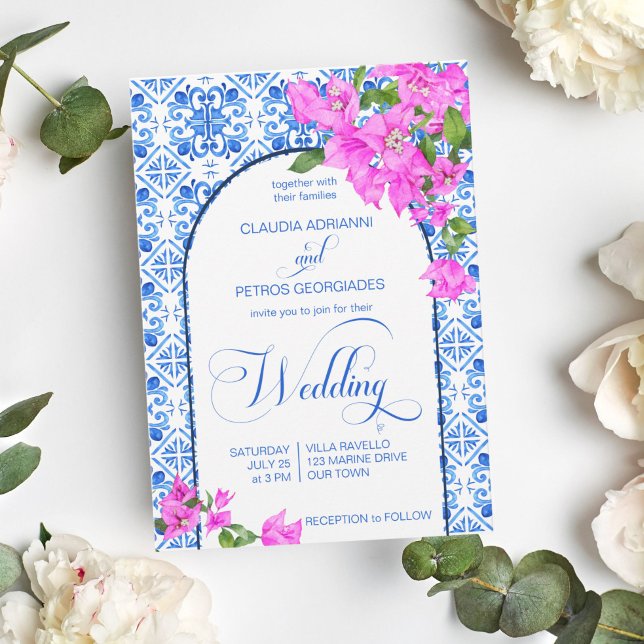 Invitación Blue Tiles Bougainvillea boda elegante (Subido por el creador)