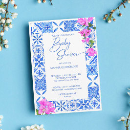 Invitación Blue Tiles Bougainvillea elegante ducha de bebé