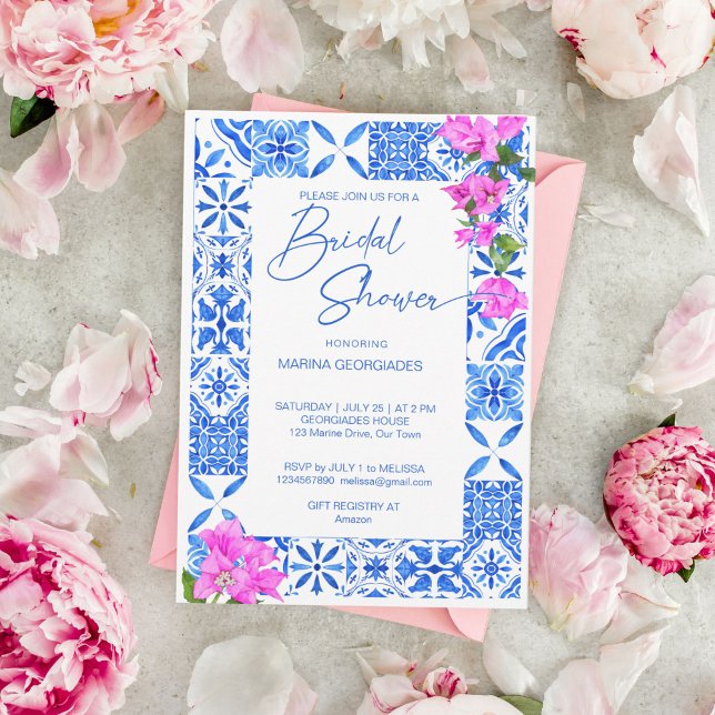 Invitación Blue Tiles Bougainvillea elegante ducha de novia (Blue Tiles Bougainvillea elegant Mediterranean Greek bridal shower Invitation template download)