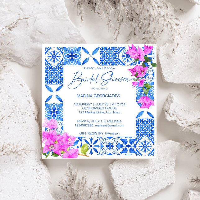 Invitación Blue Tiles Bougainvillea elegante ducha de novia (Blue Tiles Bougainvillea Mediterranean Italian themed elegant bridal shower Invitation template)