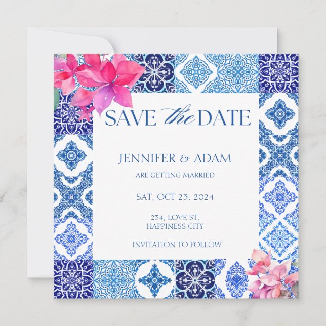 Invitación Blue Tiles Bougainvillea Floral Save the Date (Anverso)
