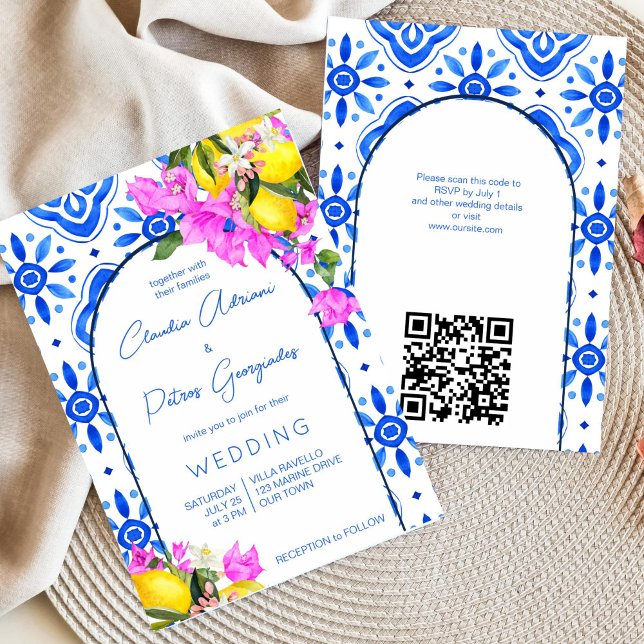Invitación Blue Tiles Bougainvillea lemons elegante boda (Blue tiles lemon bougainvillea Mykonos Santorini Greek Amalfi Mediterranean themed wedding invite )