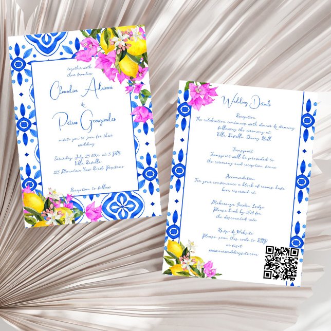 Invitación Blue Tiles Bougainvillea lemons elegante boda (Blue Tiles Bougainvillea lemons Mediterranean elegant wedding all in one Invitation template)