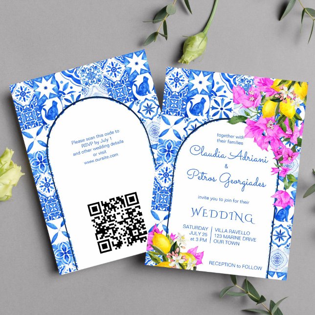 Invitación Blue Tiles Bougainvillea lemons elegante boda (Blue tiles bougainvillea lemons Greek Mediterranean themed wedding invitation template instant)