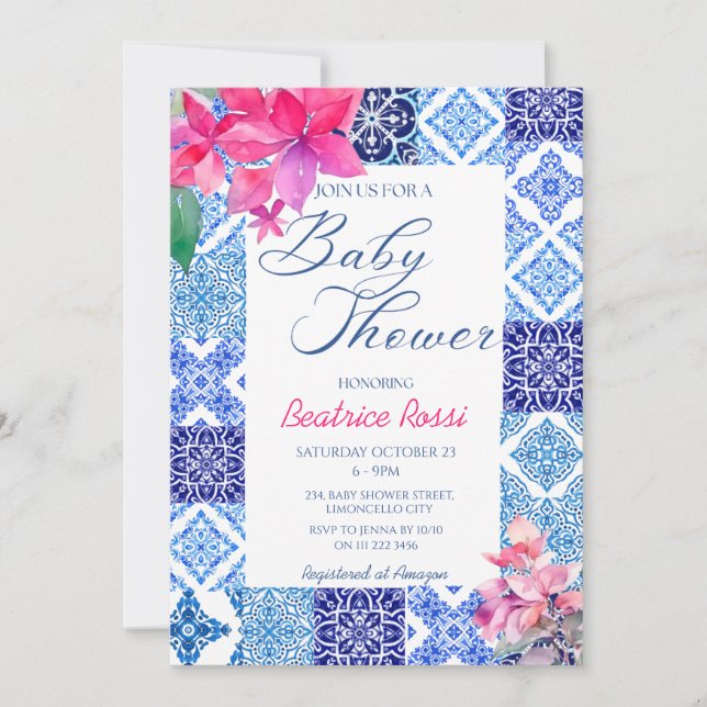 Invitación Blue Tiles Floral Amalfi Italiano Baby Shower (Anverso)
