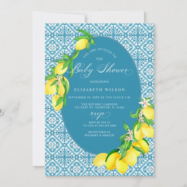 Invitación Blue Tiles Lemon Baby Shower (Anverso)