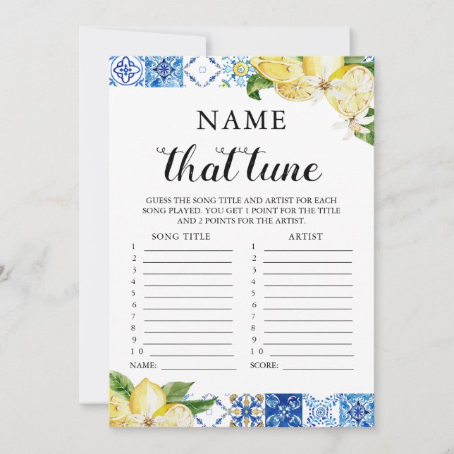 Invitación Blue Tiles Lemon Name That Tune Bridal Shower Game (Anverso)
