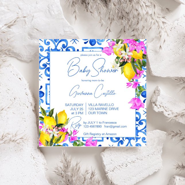 Invitación Blue Tiles Lemons Bougainvillea Mediterráneo (Blue Tiles Lemons Bougainvillea Mediterranean Italian Green baby shower Invitation template digital)