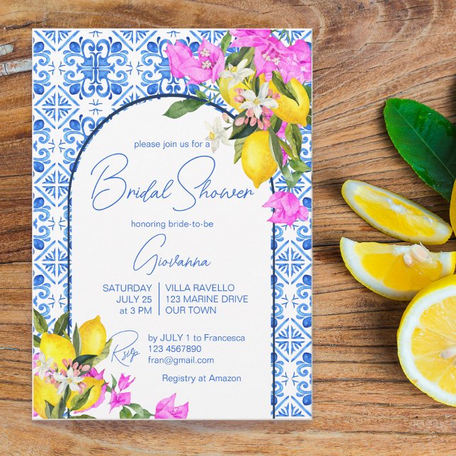 Invitación Blue Tiles Lemons Bougainvillea Mediterráneo (Subido por el creador)