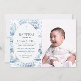 Invitación Blue Toile Baptism Gracias Tarjeta, Diseño De Foto