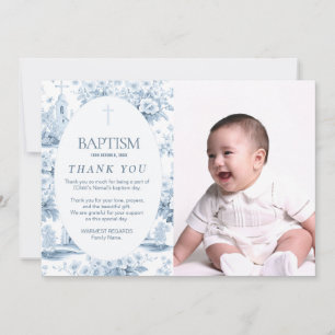 Invitación Blue Toile Baptism Gracias Tarjeta, Diseño De Foto