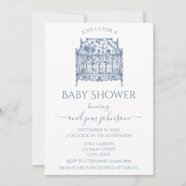 Invitación Blue Toile Bassinet Baby Shower (Anverso)