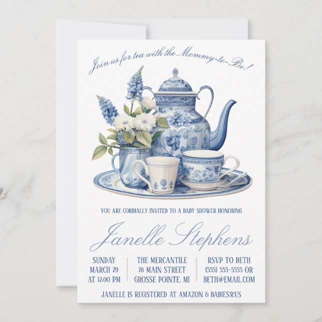 Invitación Blue Toile China, Fiesta de té victoriano Baby Sho (Anverso)