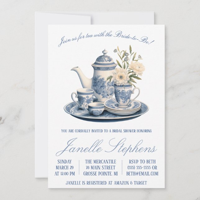 Invitación Blue Toile China Victorian Tea Fiesta Bridal Showe (Anverso)
