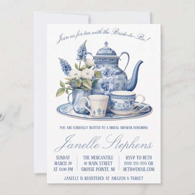 Invitación Blue Toile China Victorian Tea Fiesta Bridal Showe (Anverso)
