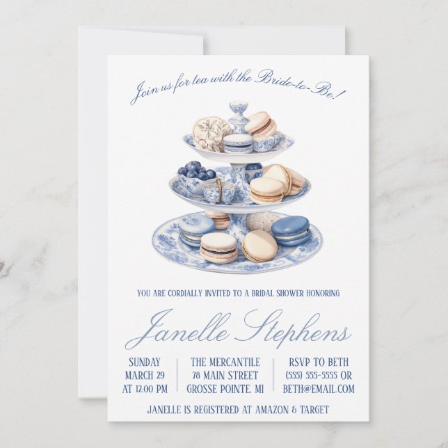 Invitación Blue Toile China Victorian Tea Fiesta Bridal Showe (Anverso)