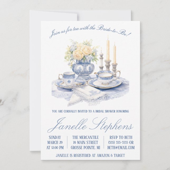 Invitación Blue Toile China Victorian Tea Fiesta Bridal Showe (Anverso)